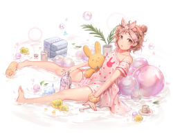 Rule 34 | 1girl, bad id, bad pixiv id, barefoot, blush, brown hair, bubble, candle, collarbone, feet, flower, green eyes, holding, holding stuffed toy, looking at viewer, nail polish, original, ozzingo, parted lips, plant, potted plant, red nails, short hair, sitting, slippers, unworn slippers, soap bottle, soap bubbles, solo, stuffed animal, stuffed toy, toes, towel