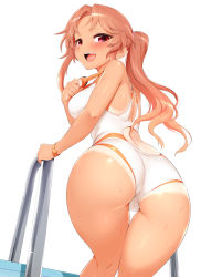 Rule 34 | 1girl, :d, ass, blush, breasts, competition swimsuit, enami rika, from behind, from below, goggles, goggles around neck, kneepits, light brown hair, long hair, looking at viewer, looking back, m-da s-tarou, medium breasts, one-piece swimsuit, one-piece tan, open mouth, original, pink eyes, ponytail, pool ladder, simple background, smile, solo, swimsuit, tan, tanline, thigh gap, wet, white background, wristband