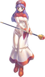 Rule 34 | 1girl, :o, blush, breasts, chunsoft, dragon quest, dragon quest ii, dress, enix, full body, highres, hood, large breasts, long hair, open mouth, pink eyes, princess of moonbrook, purple hair, robe, simple background, solo, staff, standing, uchiu kazuma, white background