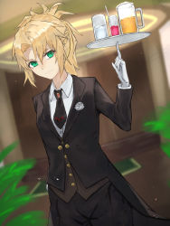 Rule 34 | 1girl, absurdres, aito, black jacket, black necktie, blonde hair, braid, breasts, butler, commentary request, cowboy shot, cup, drinking glass, drinking straw, fate/grand order, fate (series), female butler, formal, green eyes, highres, holding, jacket, long hair, looking at viewer, mordred (fate), mordred (fate/apocrypha), mordred (formal dress) (fate), necktie, ponytail, shirt, small breasts, smile, solo, white shirt