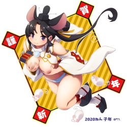 Rule 34 | 1girl, 2020, animal, animal ears, armor, asymmetrical hair, black hair, black hat, blue panties, bow, bow panties, breasts, chinese zodiac, closed mouth, detached sleeves, deto, extra ears, fate/grand order, fate (series), full body, grabbing own breast, hair intakes, hat, highres, japanese armor, kemonomimi mode, kusazuri, long hair, long sleeves, looking at viewer, medium breasts, mini hat, mouse (animal), mouse ears, mouse tail, new year, nipples, outline, panties, pom pom (clothes), purple eyes, revealing clothes, smile, socks, solo, tail, thighs, underwear, ushiwakamaru (fate), white background, white outline, white socks, wide sleeves, year of the rat