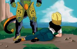 Rule 34 | 1girl, android 18, ass, blonde hair, cell (dragon ball), creature, day, dragonball z, from behind, head out of frame, looking at another, lying, mountain, pants, tail, water, x-men, x-men: the animated series