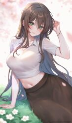 1girl artist_name blue_hair blush bracelet breasts brown_hair collarbone collared_shirt colored_inner_hair commentary crop_top green_eyes hair_between_eyes hand_up highres jewelry large_breasts long_hair looking_at_viewer midriff multicolored_hair narijade navel original parted_lips patreon_username shirt sitting smile solo very_long_hair white_shirt