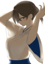 Rule 34 | 10s, 1girl, arms up, blue skirt, blush, breasts, bright background, brown eyes, brown hair, from side, isshiki (ffmania7), japanese clothes, kaga (kancolle), kantai collection, large breasts, long hair, looking at viewer, looking to the side, profile, side ponytail, simple background, skirt, solo, tasuki, upper body, white background, wide sleeves
