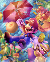 Rule 34 | 1girl, 3boys, blue eyes, brown hair, coin, crown, dress, earrings, facial hair, fat, fat man, flower earrings, gloves, gold coin, grin, hammer, hammer brothers, hat, highres, jewelry, mario, mario (series), mario party, mario party superstars, multiple boys, mustache, nintendo, orange dress, overalls, princess daisy, smile, tail, umbrella, wario, yoshi