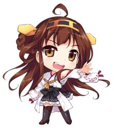 Rule 34 | 10s, 1girl, :d, ahoge, brown eyes, brown hair, chibi, hairband, kantai collection, kongou (kancolle), long hair, looking at viewer, lowres, nontraditional miko, open mouth, outstretched arm, outstretched hand, rei (rei&#039;s room), ribbon-trimmed sleeves, ribbon trim, skirt, smile, solo, thighhighs