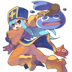 Rule 34 | 1girl, :d, :o, aqua hair, ass, attack, bandages, battle, belt, blue eyes, blue skin, blush stickers, bodysuit, boots, breasts, brown eyes, chunsoft, colored skin, cross, dragon quest, dragon quest iii, enix, floating hair, foreshortening, gloves, hair between eyes, hat, high heels, holding, jumping, large breasts, latex, looking at viewer, looking back, mitre, monster, open mouth, outstretched arms, pain, priest (dq3), red eyes, red skin, she-slime, shoes, sidelocks, simple background, skin tight, slime (dragon quest), smile, solo, spread arms, staff, stick, tabard, tears, transparent, upskirt, weapon, white background, wind, wind lift, zankuro