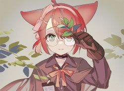 Rule 34 | 1girl, animal ears, arknights, awa iro, bow hairband, brown background, brown capelet, brown gloves, brown shirt, capelet, commentary, glasses, gloves, gradient background, green eyes, hair over one eye, hairband, holding, holding plant, id card, light smile, looking at viewer, myrrh (arknights), one-hour drawing challenge, pink hairband, plant, shirt, short hair, short ponytail, sidelocks, simple background, solo, upper body