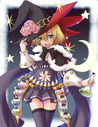 Rule 34 | 1girl, alternate color, black bow, black bowtie, black hat, black skirt, black thighhighs, blonde hair, blush, bow, bowtie, breasts, clothing cutout, commentary request, cowboy shot, crescent moon, erlenmeyer flask, flask, flower, genetic (ragnarok online), green eyes, hair between eyes, hat, hat flower, hat tip, holding, looking at viewer, manoji, medium breasts, midriff, miniskirt, moon, navel, navel cutout, open mouth, pink flower, potion, ragnarok online, red hat, round-bottom flask, short hair, skirt, smile, solo, star (symbol), teeth, thighhighs, two-sided fabric, two-sided headwear, vambraces