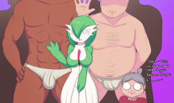 Rule 34 | 2boys, 2girls, abs, arm hair, belly, bob cut, breasts, briefs, bulge, chest hair, collarbone, colored skin, cowboy shot, creatures (company), english text, faceless, faceless male, fat, fat man, game freak, gardevoir, gen 3 pokemon, geshkaw, glasses, gradient background, green hair, green skin, grey hair, groin, hair over one eye, hand on own hip, hand up, happy, head out of frame, large breasts, male underwear, multicolored skin, multiple boys, multiple girls, muscular, muscular male, navel, nintendo, old, old woman, one eye covered, opaque glasses, open mouth, pectorals, pokemon, pokemon (creature), purple background, red shirt, round eyewear, scared, shiny skin, shirt, short hair, simple background, size difference, smile, speech bubble, standing, stomach hair, sweat, talking, thighs, topknot, topless male, trembling, turn pale, two-tone skin, underwear, underwear only, waving, white male underwear, white skin