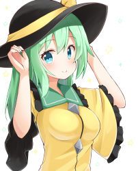 Rule 34 | 1girl, adjusting clothes, adjusting headwear, alternate hair length, alternate hairstyle, black hat, blue eyes, blush, breasts, closed mouth, commentary, frilled shirt collar, frilled sleeves, frills, from side, green hair, hat, hat ribbon, komeiji koishi, long hair, looking at viewer, looking to the side, medium breasts, ominaeshi (takenoko), ribbon, shirt, sidelocks, smile, solo, touhou, upper body, wide sleeves, yellow ribbon, yellow shirt