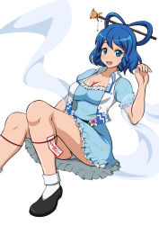 Rule 34 | 1girl, 86-shiki, :d, blue dress, blue eyes, blue hair, bobby socks, breasts, cleavage, collarbone, dress, foot out of frame, hagoromo, hair ornament, hair rings, hair stick, hand up, highres, kaku seiga, light blush, looking at viewer, medium breasts, ofuda, open mouth, petticoat, puffy short sleeves, puffy sleeves, shawl, short hair, short sleeves, simple background, smile, socks, solo, touhou, vest, white background, white socks, white vest