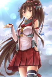 Rule 34 | 10s, 1girl, breasts, brown eyes, brown hair, cherry blossoms, cloud, day, detached sleeves, flower, hair flower, hair ornament, kantai collection, kirieroido iii, long hair, medium breasts, oil-paper umbrella, ponytail, radar, red eyes, single thighhigh, skirt, sky, solo, sun, sunlight, thighhighs, umbrella, very long hair, yamato (kancolle)