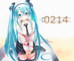 Rule 34 | 1girl, aqua eyes, aqua hair, bdsm, bespectacled, bondage, bound, character name, glasses, h016, hatsune miku, kneeling, long hair, necktie, own hands clasped, own hands together, ribbon, skirt, smile, solo, thighhighs, twintails, very long hair, vocaloid