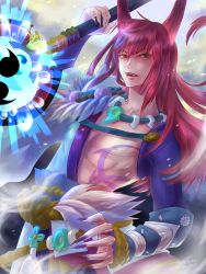 Rule 34 | 1boy, abs, black nails, claws, fangs, highres, holding, holding weapon, horns, japanese clothes, jewelry, long hair, long sleeves, looking at viewer, male focus, midriff, muscular, nail polish, necklace, onmyoji, open mouth, red hair, solo, user exvv8824, weapon, yasha (onmyoji), yellow eyes