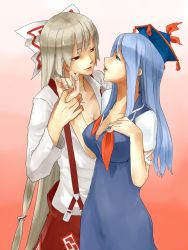 Rule 34 | 2girls, bad id, bad pixiv id, blue eyes, blue hair, breasts, cleavage, couple, doemon, eye contact, female focus, fingernails, fujiwara no mokou, hand on another&#039;s chest, hand on own chest, hat, highres, holding hands, imminent kiss, kamishirasawa keine, lips, long hair, long sleeves, looking at another, multiple girls, profile, red eyes, ribbon, short sleeves, silver hair, suspenders, touhou, yuri