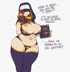 Rule 34 | artist request, blindfold, book, bra, breasts, brown hair, large breasts, navel, nun, original, panties, priestess, smile, solo, thick thighs, thighhighs, thighs, underwear, unyin, wide hips