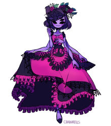 Rule 34 | 1girl, arthropod girl, bow, colored skin, dress, extra arms, extra eyes, fangs, frilled dress, frills, full body, hat, insect girl, mask, mini hat, mini top hat, monster girl, muffet, pink dress, purple skin, ribbon, short hair, simple background, solo, spider girl, standing, top hat, undertale, unworn mask, white background