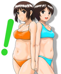 Rule 34 | !, 2girls, ayase fuuka, bikini, bob cut, breasts, brown hair, eyebrows, hiwatari, large breasts, looking at viewer, multiple girls, open mouth, shimau, shiny skin, short hair, shu-z, simple background, small breasts, smile, swimsuit, thick eyebrows, white background, yotsubato!