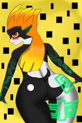 Rule 34 | 1girl, artist request, ass, black skin, blonde hair, blush, chaoschrome, colored skin, fang, female focus, huge ass, looking back, midna, neon trim, nintendo, orange hair, pointy ears, red eyes, shiny skin, smile, solo, tagme, the legend of zelda, the legend of zelda: twilight princess, white skin, wide hips