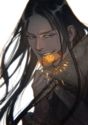 Rule 34 | 1boy, black hair, coin, facial hair, fur, gold, golden kamuy, looking at viewer, male focus, mouth hold, oosawa fusatarou, sideburns, teeth hold, upper body, w55674570w, white background
