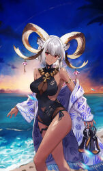 Rule 34 | 1girl, animal ear fluff, animal ears, arknights, armlet, backlighting, bare shoulders, beach, black footwear, breasts, carnelian (arknights), carnelian (shimmering dew) (arknights), casual one-piece swimsuit, closed mouth, covered navel, dark-skinned female, dark skin, ema (kuguiema), evening, feet out of frame, fringe trim, goat ears, goat girl, goat horns, gradient sky, grey hair, holding, holding shoes, horns, jewelry, large breasts, long sleeves, looking at viewer, necklace, ocean, official alternate costume, one-piece swimsuit, outdoors, red eyes, shoes, unworn shoes, short hair, sky, smile, solo, sunset, swimsuit, water