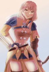 Rule 34 | 1girl, aged up, arrow (projectile), blush, bow (weapon), breasts, cowboy shot, female focus, fire emblem, fire emblem: three houses, highres, holding, holding weapon, leonie pinelli, looking at viewer, matching hair/eyes, mutsuwo gbf, nintendo, orange eyes, orange hair, quiver, shield, short hair, side ponytail, smile, solo, standing, weapon