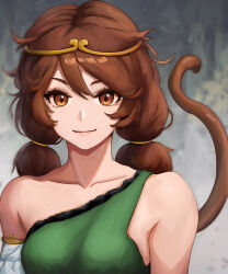 Rule 34 | 1girl, absurdres, bare shoulders, brown eyes, brown hair, circlet, close-up, closed mouth, collarbone, dress, green dress, highres, long hair, looking at viewer, monkey girl, monkey tail, pigsir13152, single-shoulder dress, single sleeve, single strap, smile, solo, son biten, tail, touhou, twintails, unfinished dream of all living ghost, white sleeves