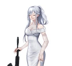Rule 34 | 1girl, ak-12, ak-12 (girls&#039; frontline), alternate costume, assault rifle, breasts, cleavage, closed eyes, closed mouth, clothes lift, collarbone, commentary, crush kim, dress, dress lift, elbow gloves, english commentary, feet out of frame, girls&#039; frontline, gloves, gun, hair ornament, highres, holding, holding gun, holding weapon, kalashnikov rifle, long hair, medium breasts, parted lips, partially fingerless gloves, ponytail, silver hair, smile, solo, standing, upper body, weapon, wedding dress, white background, white dress, white gloves