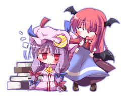 Rule 34 | 2girls, ^ ^, bad id, bad pixiv id, bat wings, book, chibi, closed eyes, crescent, crescent hat ornament, embodiment of scarlet devil, female focus, hat, hat ornament, head wings, koakuma, kuraryu, long hair, multiple girls, patchouli knowledge, purple hair, red hair, ribbon, simple background, sitting, standing, touhou, white background, wings