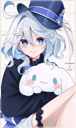 Rule 34 | 1girl, ahoge, blue eyes, blue hair, blue hat, casual, cinnamoroll, commentary request, contemporary, furina (genshin impact), genshin impact, hair between eyes, hat, highres, holding, holding stuffed toy, light blue hair, long hair, long sleeves, looking at viewer, multicolored hair, pomepome1207, sanrio, smile, solo, stuffed animal, stuffed toy, top hat, wavy hair, white hair