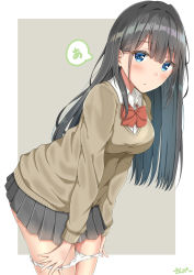 Rule 34 | 1girl, black hair, black skirt, blue eyes, blush, bow, brown sweater, cardigan, grey background, highres, leaning forward, long hair, looking at viewer, original, panties, panty pull, red bow, school uniform, simple background, skirt, solo, speech bubble, standing, sunsun2812, sweater, underwear, undressing, white panties