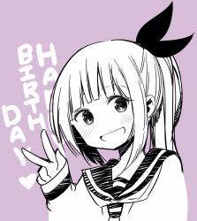 Rule 34 | 1girl, aida rikako, birthday, blunt bangs, commentary request, english text, greyscale, greyscale with colored background, hair ribbon, happy birthday, heart, highres, igarashi masakuni, long hair, long sleeves, looking at viewer, monochrome, official art, ootsuki koto, ponytail, ribbon, school uniform, senryuu shoujo, sidelocks, smile, solo, spot color, upper body, v, voice actor connection