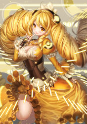 Rule 34 | 1girl, ahoge, aile (crossroads), big hair, blonde hair, bloomers, blush, breasts, bridal gauntlets, cleavage cutout, clothing cutout, dress, drill hair, finger to cheek, frills, large breasts, long hair, open mouth, smile, solo, twin drills, twintails, underwear, very long hair, vividred operation, vividyellow, yellow eyes, yellow theme