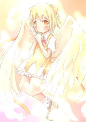 Rule 34 | 1girl, absurdres, alternate color, alternate element, alternate eye color, alternate hair color, angel wings, bad id, bad pixiv id, blonde hair, blush, bow, cirno, dress, feathers, glowing, glowing wings, hair bow, own hands clasped, highres, open mouth, own hands together, sakuraba hikaru (loveindog), short hair, skirt, solo, touhou, wings, yellow dress, yellow eyes, yellow skirt