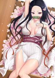 Rule 34 | 1girl, arm up, artist name, bit gag, black hair, box, breasts, cleavage, collarbone, cyicheng, feet out of frame, flower, forehead, from above, gag, gagged, hair ribbon, hand on own chest, in box, in container, japanese clothes, kamado nezuko, kimetsu no yaiba, kimono, long hair, looking at viewer, lying, medium breasts, obi, on back, petals, pink flower, purple eyes, ribbon, sash, short kimono, short sleeves, solo, striped clothes, striped kimono, thighs, vertical-striped clothes, vertical-striped kimono, white kimono, white ribbon