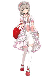 Rule 34 | 10s, 1girl, bag, bow, bridal gauntlets, center frills, choker, commentary request, dress, fingerless gloves, frilled dress, frills, full body, girls und panzer, gloves, grey eyes, grey hair, hair between eyes, hairband, handbag, heart, highres, itsumi erika, lolita fashion, lolita hairband, long hair, looking at viewer, marimotencho, mary janes, open mouth, pink dress, pink gloves, puffy short sleeves, puffy sleeves, red footwear, ribbon choker, shoes, short sleeves, simple background, skirt, solo, sweet lolita, thighhighs, white background, white thighhighs, zettai ryouiki