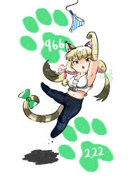 Rule 34 | 1girl, absurdres, animal ears, arm up, bare shoulders, boots, cat ears, cat girl, cat tail, diamanbou, elbow gloves, extra ears, full body, gloves, green eyes, grey hair, highres, jumping, jungle cat (kemono friends), kemono friends, kemono friends v project, long hair, navel, panties, pants, ribbon, simple background, sleeveless, solo, tail, tank top, twintails, underwear, virtual youtuber
