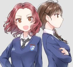 Rule 34 | 10s, 2girls, :d, :|, black neckwear, blue sweater, braid, brown eyes, closed mouth, commentary, crossed arms, dress shirt, emblem, forehead, from side, girls und panzer, grey background, hair ornament, hair over shoulder, hair tie, hairclip, hand on own hip, long hair, long sleeves, looking at viewer, loose necktie, multiple girls, necktie, open mouth, parted bangs, red hair, rosehip (girls und panzer), rukuriri (girls und panzer), school uniform, shirt, short hair, simple background, single braid, smile, st. gloriana&#039;s (emblem), st. gloriana&#039;s school uniform, standing, sweater, tam a mat, upper body, v-neck, white shirt, wind, wing collar