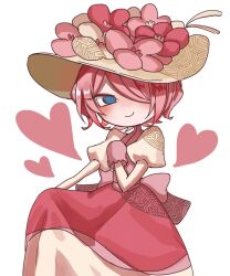 Rule 34 | 1girl, @ @, back bow, blue eyes, bow, dress, fake type, flower, hair over one eye, hand on own chest, hat, heart, highres, iwasake-chan (fake type), light blush, looking at viewer, pink bow, pink dress, pink flower, pink hair, puffy sleeves, samumu, simple background, smile, solo, white background, white sleeves, yellow flower