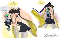 Rule 34 | 1girl, bare shoulders, callie (splatoon), clank, crossover, dress, earrings, english text, fang, from side, gloves, heart, highres, hudson hatley, jewelry, nintendo, pointy ears, ratchet &amp; clank, robot, sleeveless, splatoon (series), splatoon 3, teeth, tentacle hair, twintails