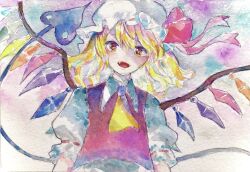 Rule 34 | 1girl, ascot, blonde hair, collared shirt, crystal, fang, flandre scarlet, frilled shirt collar, frilled sleeves, frills, hat, hat ribbon, highres, laevatein (touhou), looking at viewer, medium hair, mob cap, navybluesparrow, open mouth, painting (medium), puffy short sleeves, puffy sleeves, red eyes, red ribbon, red vest, ribbon, ribbon-trimmed sleeves, ribbon trim, shirt, short sleeves, solo, touhou, traditional media, upper body, vest, watercolor (medium), white hat, white shirt, wings, yellow ascot