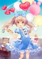 Rule 34 | 1girl, balloon, black bow, blue bow, blue dress, blue sky, blush, bow, brick wall, cloud, commentary request, day, dress, envelope, food, frilled dress, frills, grey hair, hair bow, heart balloon, highres, holding, holding balloon, holding food, ice cream, ice cream cone, kuga tsukasa, light brown hair, long hair, looking at viewer, moe2018, open mouth, original, outdoors, polka dot, polka dot bow, puffy short sleeves, puffy sleeves, red bow, red ribbon, ribbon, rolling suitcase, short sleeves, sky, solo, stuffed animal, stuffed toy, suitcase, teddy bear, teeth, triple scoop, twintails, upper teeth only