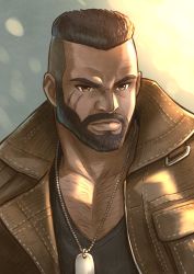 Rule 34 | 1boy, barret wallace, beard, black hair, black shirt, brown eyes, brown vest, chest hair, dark-skinned male, dark skin, dog tags, facial hair, facial scar, final fantasy, final fantasy vii, final fantasy vii remake, highres, hiro ohtaki, looking to the side, male focus, muscular, muscular male, portrait, scar, scar on cheek, scar on face, shirt, short hair, solo, square enix, upper body, very short hair, vest