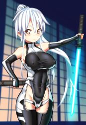 Rule 34 | 1girl, aoi souji, bare shoulders, bodysuit, breasts, brown eyes, covered navel, cowboy shot, covered erect nipples, highres, holding, holding weapon, large breasts, long hair, ninja, original, ponytail, skin tight, solo, sword, weapon, white hair