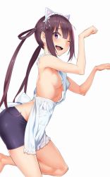 Rule 34 | 1girl, ;d, animal ears, apron, arched back, arisou de nasa sou, bike shorts, blunt bangs, blush, breasts, brown hair, covered erect nipples, fake animal ears, from side, hair rings, highres, hiiragi yuuichi, jpeg artifacts, leg up, long hair, looking at viewer, looking to the side, maid headdress, nearly naked apron, no bra, one eye closed, open mouth, paw pose, purple eyes, purple hair, sidelocks, simple background, small breasts, smile, solo, twintails, white background