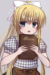 Rule 34 | 1girl, air (visual novel), alternate costume, apron, blonde hair, blue eyes, blush, bow, brown apron, commentary request, cowboy shot, eyes visible through hair, flying sweatdrops, frown, grey background, hair between eyes, hair bow, hands up, highres, holding, holding menu, kamio misuzu, long hair, looking at viewer, mahigu re, menu, nervous, open mouth, plaid, plaid shirt, ponytail, puffy short sleeves, puffy sleeves, shirt, short sleeves, sidelocks, simple background, single hair intake, solo, straight hair, very long hair, waitress, white bow