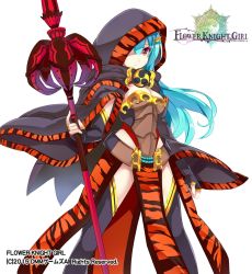 Rule 34 | 1girl, animal print, belt, black gloves, black thighhighs, blue hair, breasts, cape, cleavage, copyright name, cropped legs, expressionless, fingerless gloves, flower knight girl, gloves, highres, hood, horns, kurokawa izumi, long hair, looking at viewer, official art, oniyuri (flower knight girl), pelvic curtain, red eyes, solo, staff, standing, thighhighs, tiger print