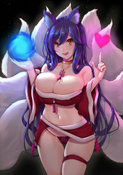 1girl, ahri, animal ear fluff, animal ears, bangs, bare shoulders, black background, blue hair, blush, breasts, choker, cleavage, collarbone, cowboy shot, fox ears, fox tail, hair between eyes, heart, highres, jewelry, large breasts, league of legends, long hair, looking at viewer, midriff, multiple tails, navel, necklace, open mouth, panties, pao mian+dan, red panties, skindentation, smile, solo, tail, thigh strap, underwear, white tail, wide sleeves, yellow eyes
