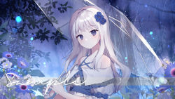 Rule 34 | 1girl, blue eyes, blue flower, blurry, blurry background, closed mouth, collared dress, commission, depth of field, dress, flower, frilled shirt collar, frills, grey hair, hair flower, hair ornament, highres, holding, holding umbrella, long hair, looking at viewer, moffle (ayabi), night, off-shoulder dress, off shoulder, original, outdoors, puffy short sleeves, puffy sleeves, rain, short sleeves, solo, transparent, transparent umbrella, tree, umbrella, watermark, white dress